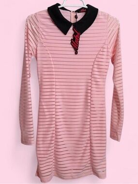 Motel Rocks Pink Stripe Mesh Long Sleeve Dress with Black Peter Pan Collar